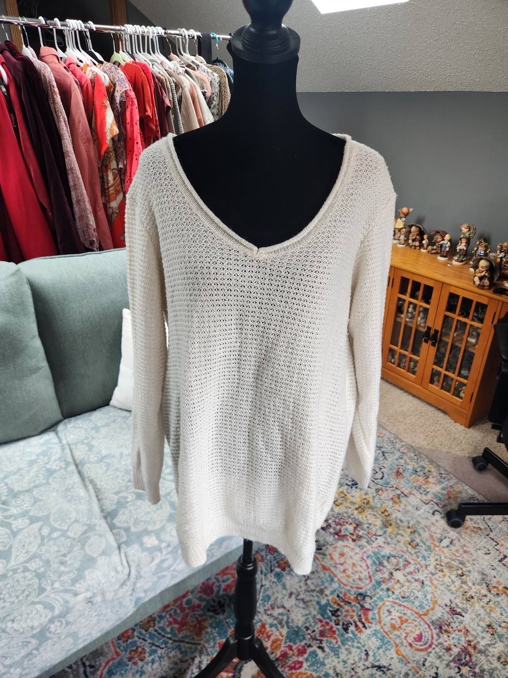 Maurices Cream Open-Knit V-Neck Sweater Playful Lace Back Detail Large